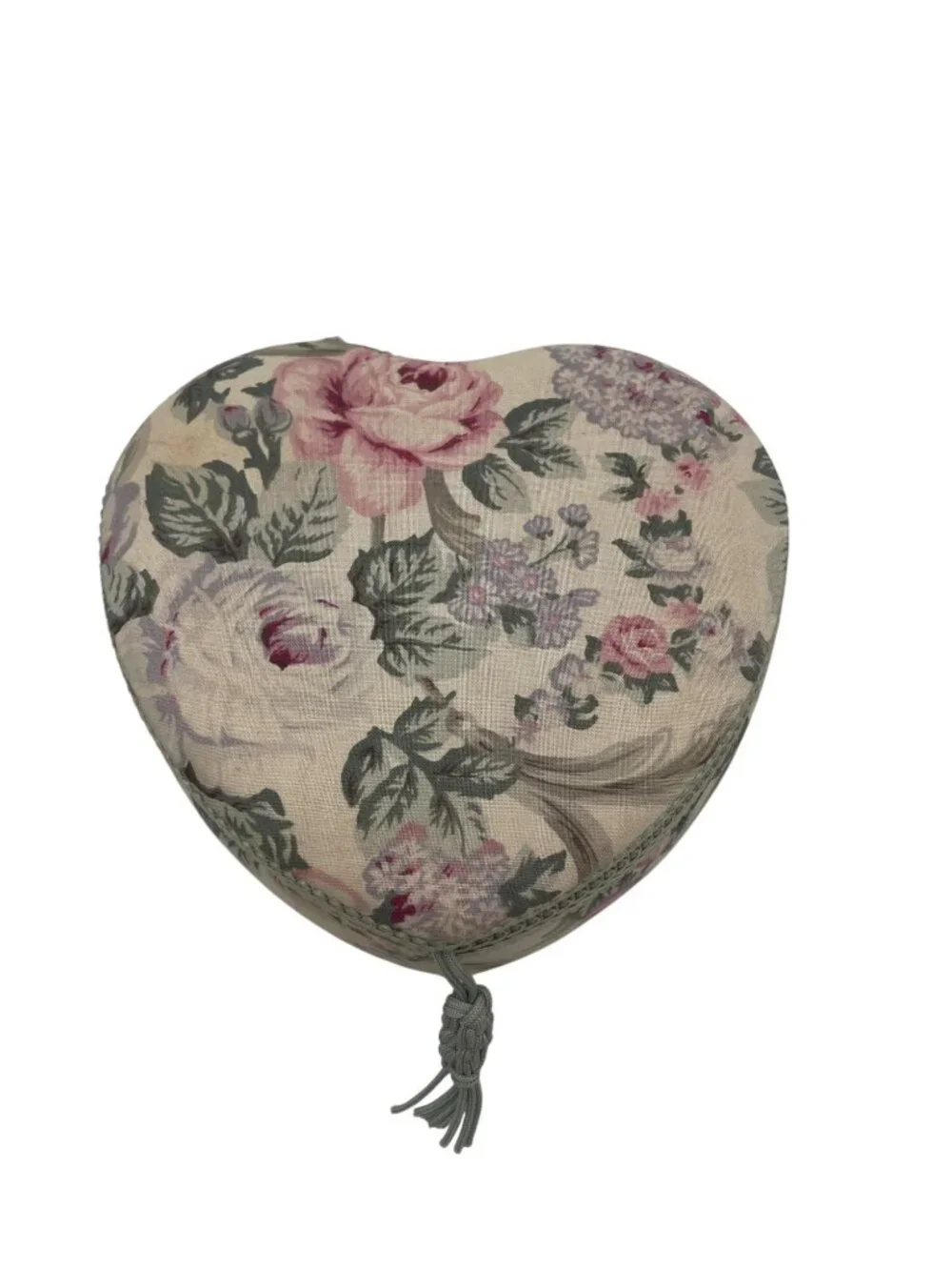 Heart-Shaped Floral Fabric Jewelry Box With Crocheted Lady Pink & Mint Green 7